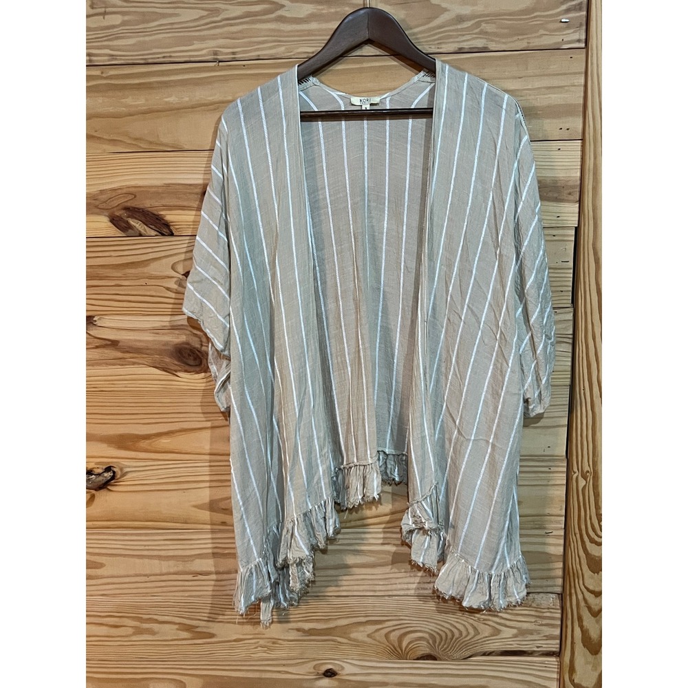 Kori American Beige White Kimono Raw Hem Cardigan Wrap Womens Small Boho Cover - Picture 1 of 4